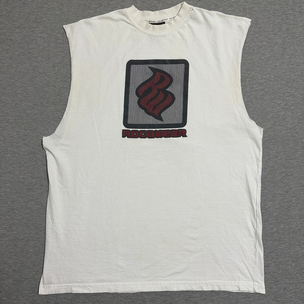 Y2K Rocawear White Streetwear Big Logo Graphic Sleeveless Cutoff Tank Mens 3XL